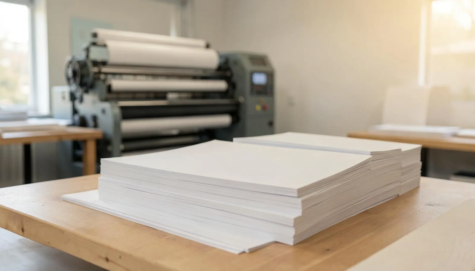 A clean modern print shop with stacks of blank paper on the work tables