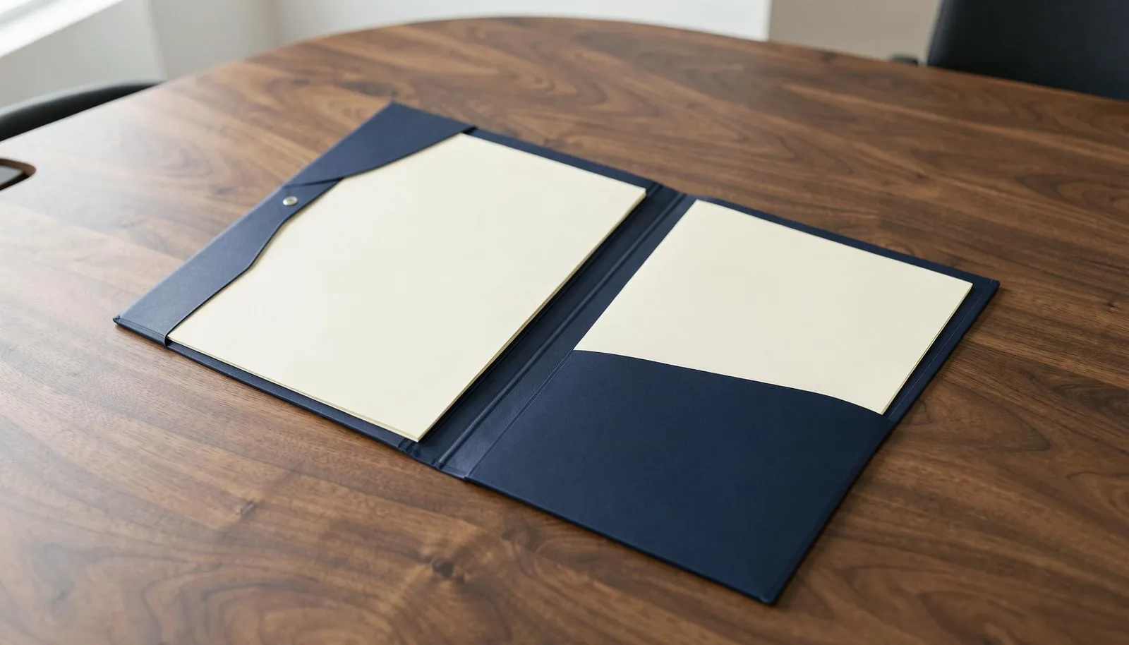 An open blank navy presentation folder on a meeting table