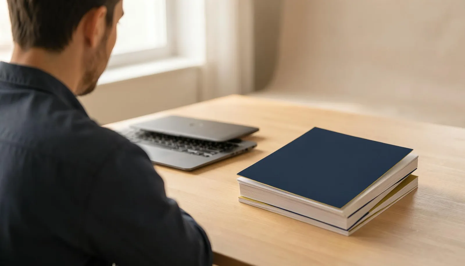 A business owner at a desk with blank printed marketing pieces