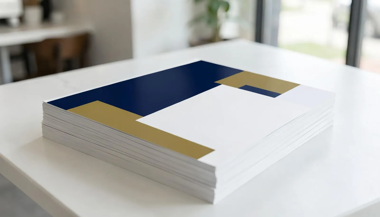 Blank navy and gold flyers stacked on a cafe counter