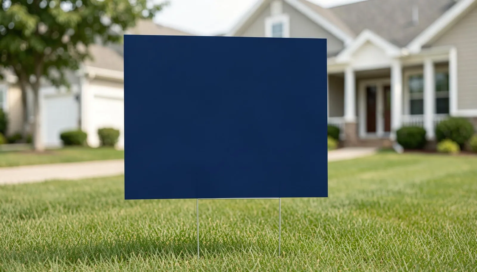 A blank navy yard sign on the lawn of a suburban home