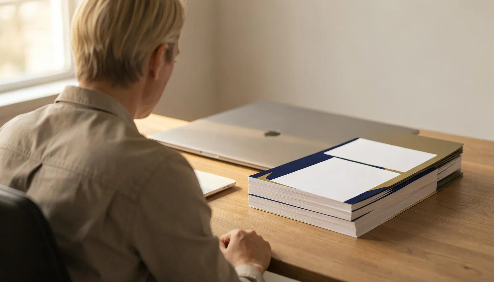 A business owner at a desk with blank printed marketing pieces