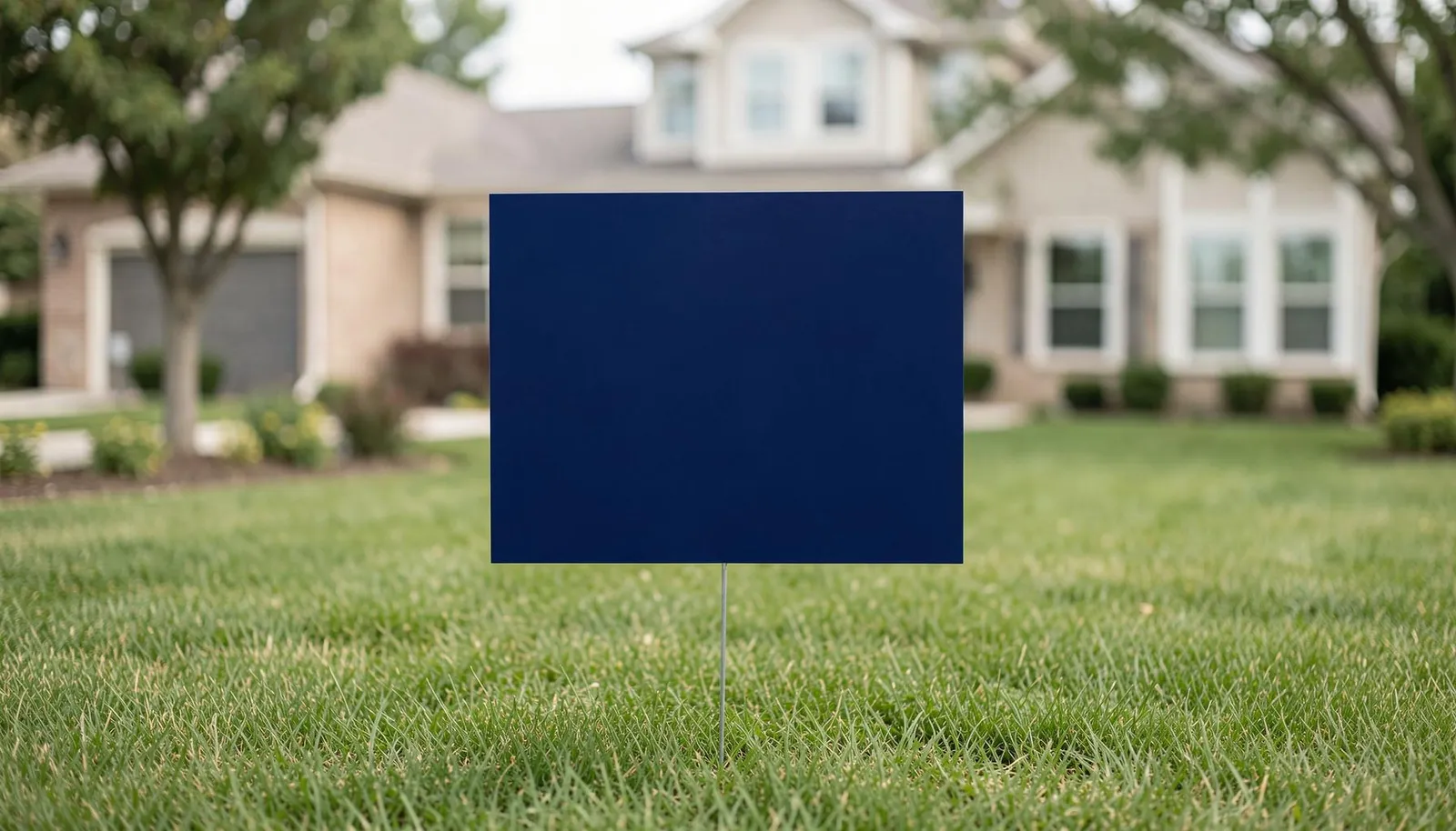 A blank navy yard sign on the lawn of a suburban home