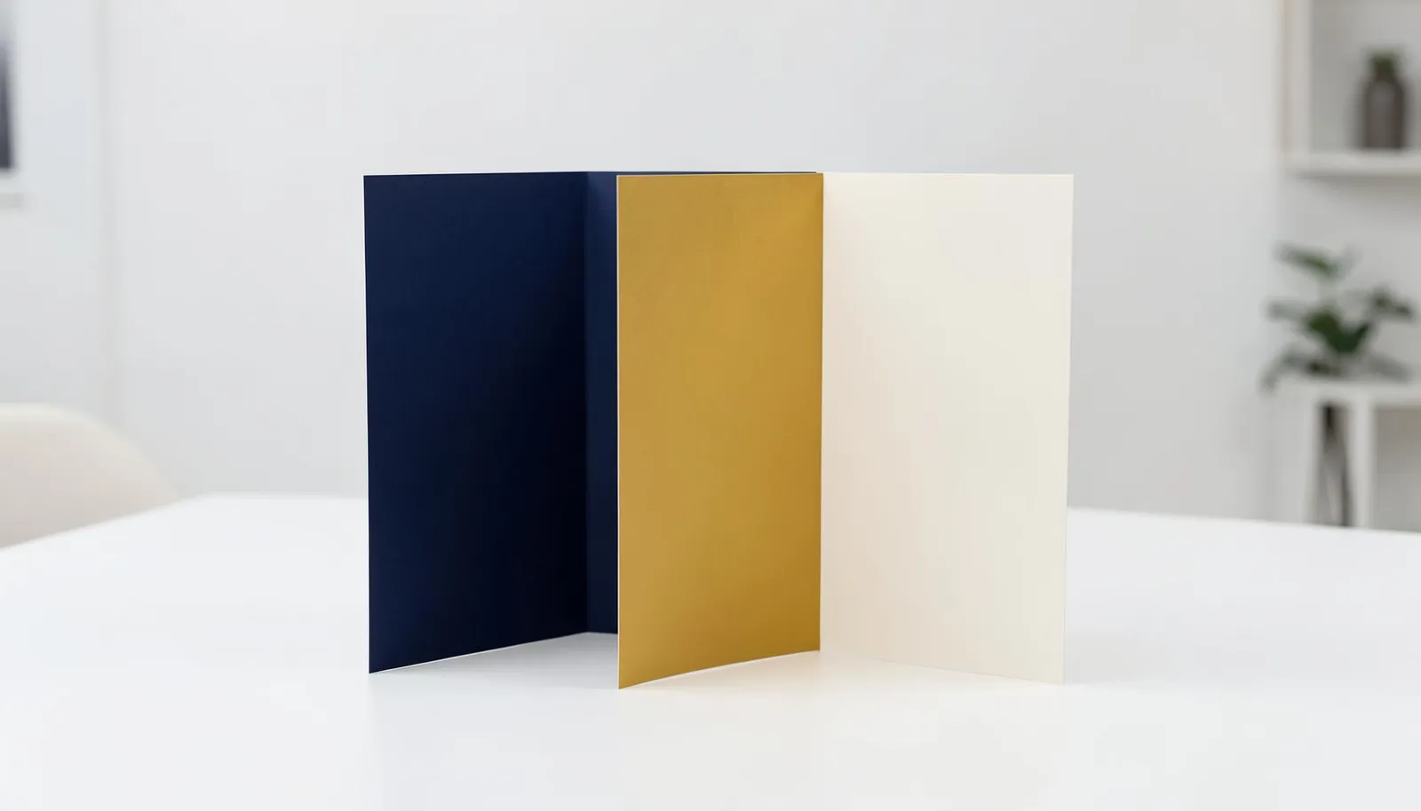 Blank tri-fold brochures standing on a white desk