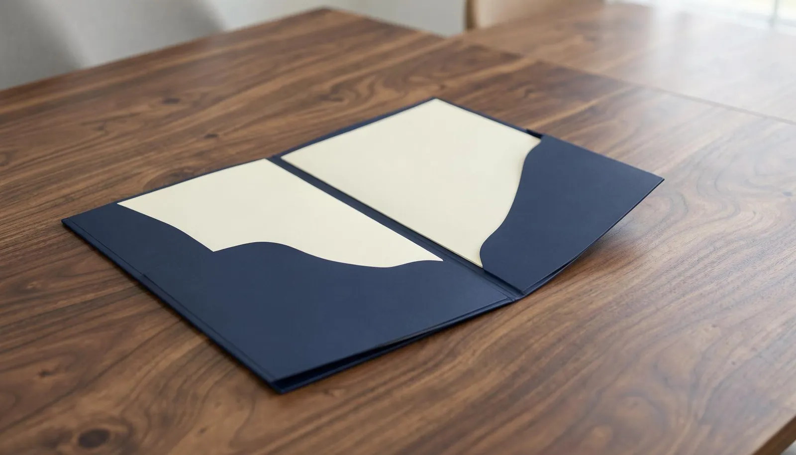 An open blank navy presentation folder on a meeting table