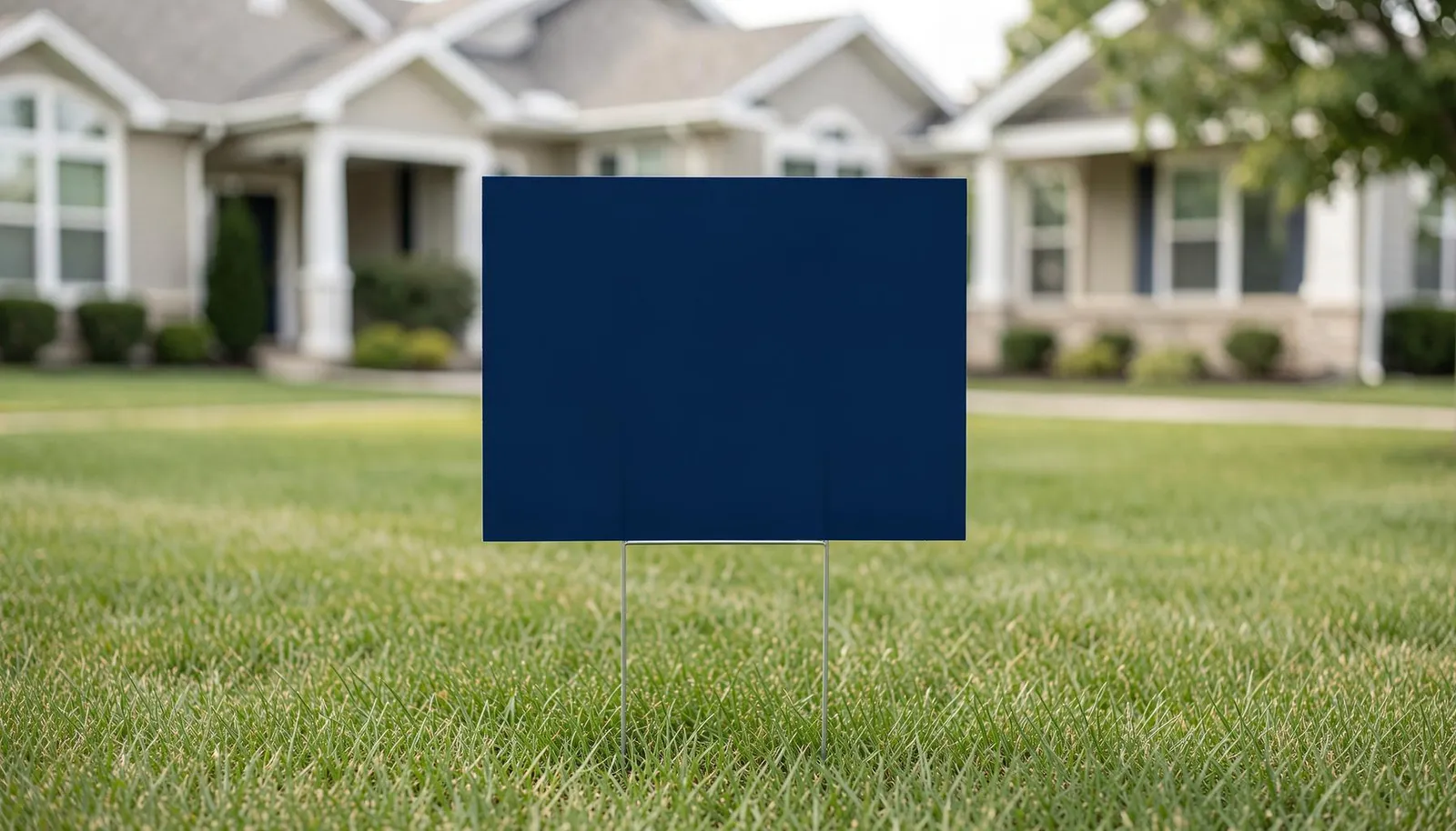 A blank navy yard sign on the lawn of a suburban home