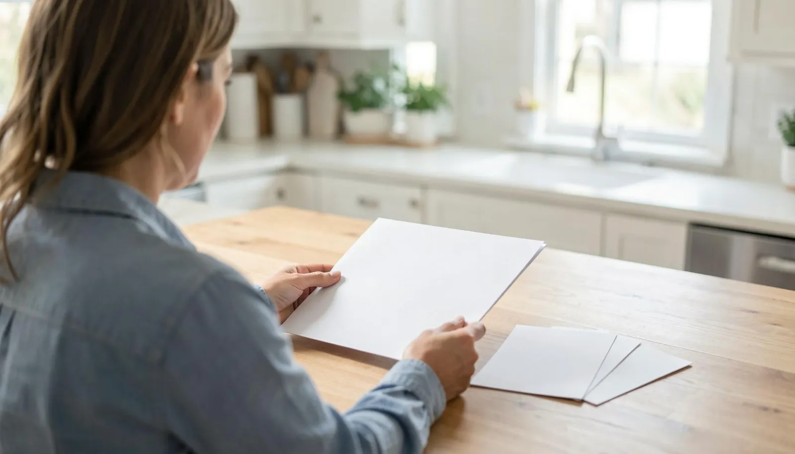 Agent seen from behind handing a blank presentation folder across a kitchen table