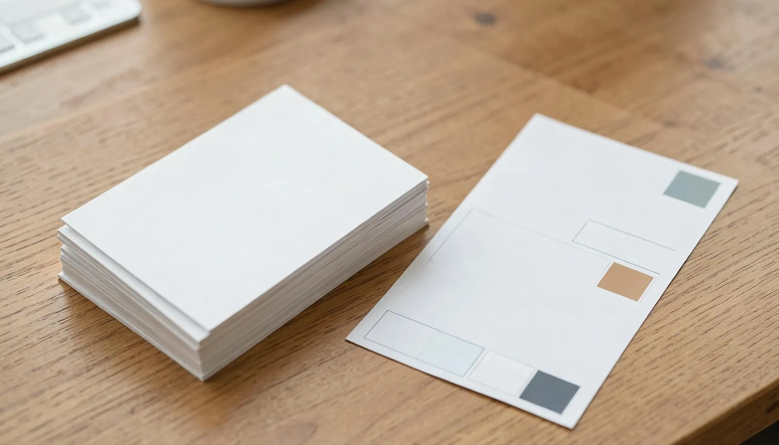 Stack of blank postcards and address labels ready for a mailing
