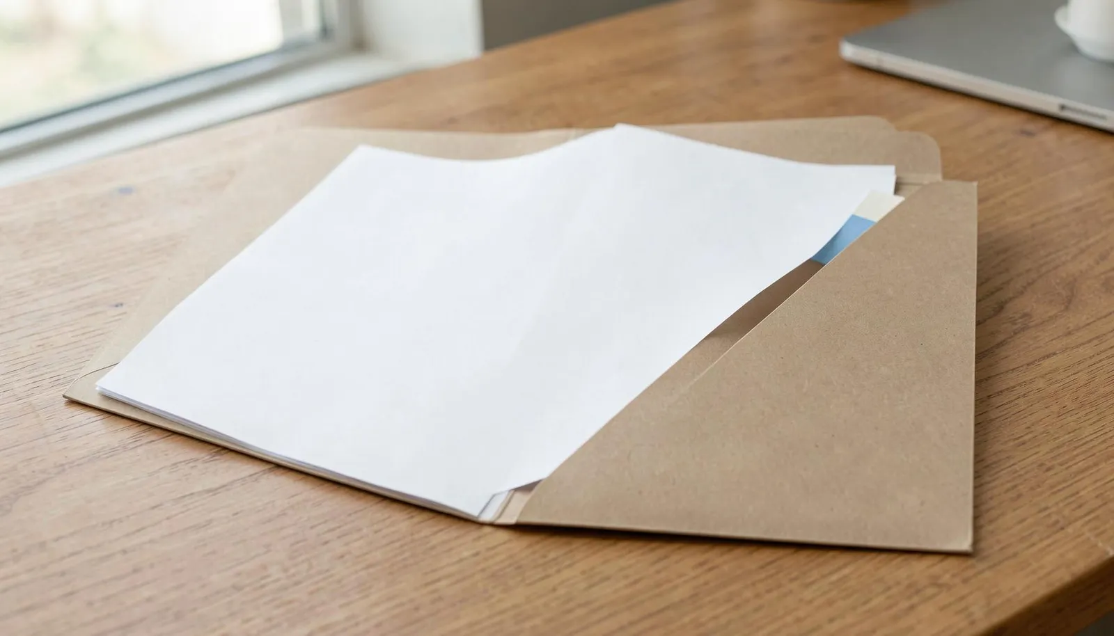 Open blank 9x12 presentation folder with two 4-inch pockets and a business card in the diagonal slit