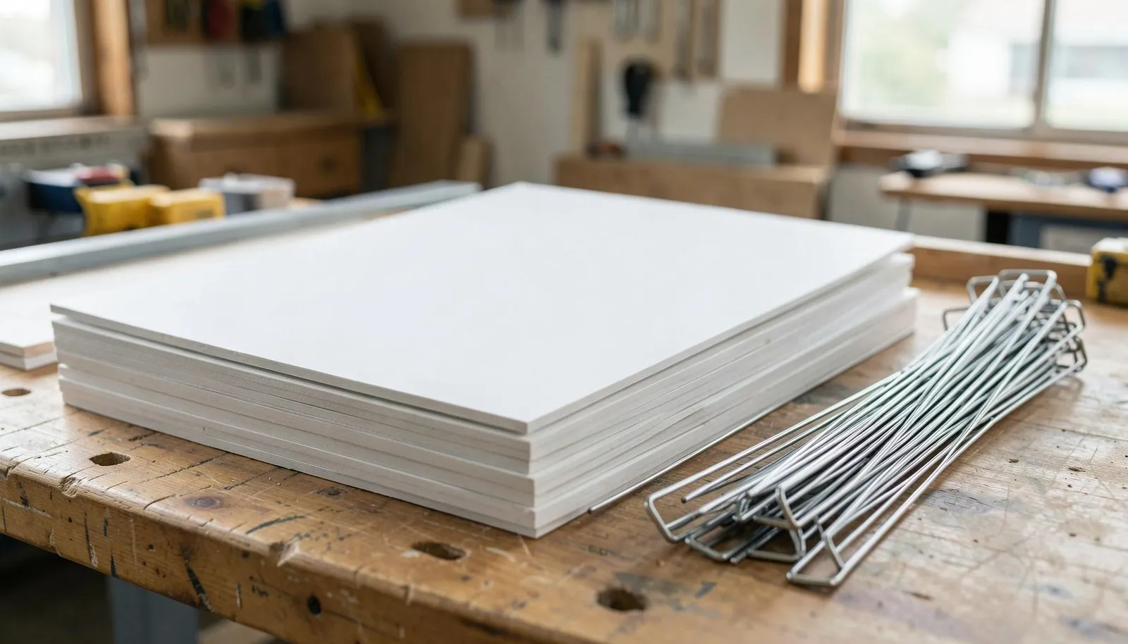 Blank white coroplast yard sign panels stacked on a table next to wire H-stakes