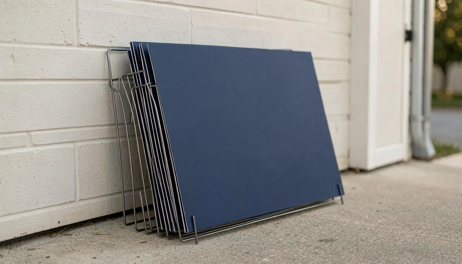 A stack of blank navy coroplast yard sign panels and wire H-stakes leaning against a garage wall