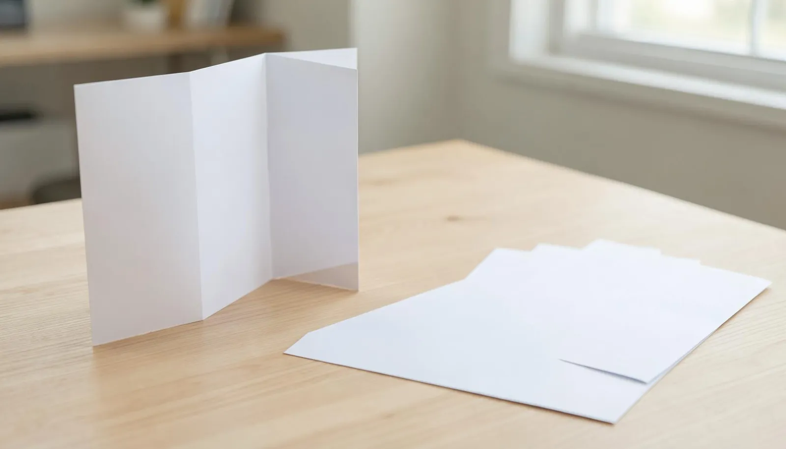 Blank tri-fold brochures, one partly open, fanned out on a wooden desk