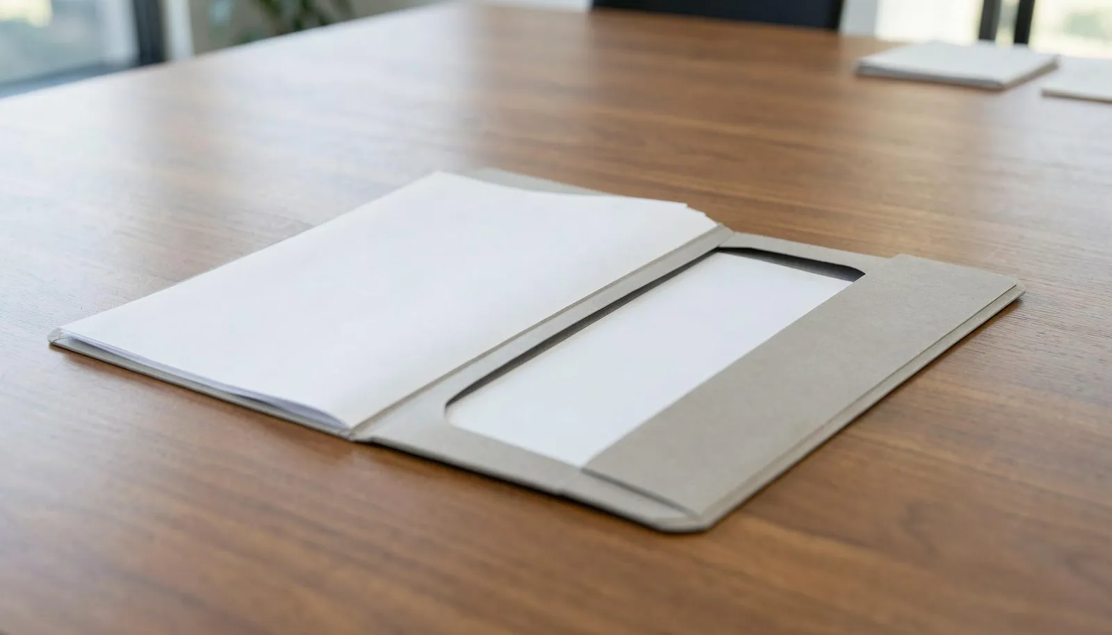 Open two-pocket presentation folder with blank inserts and a business card on a conference table