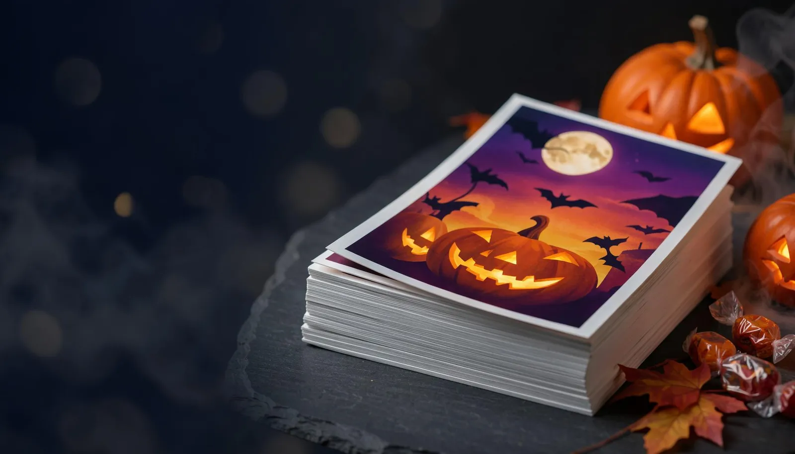 Stack of glossy Halloween postcards beside glowing jack-o'-lanterns