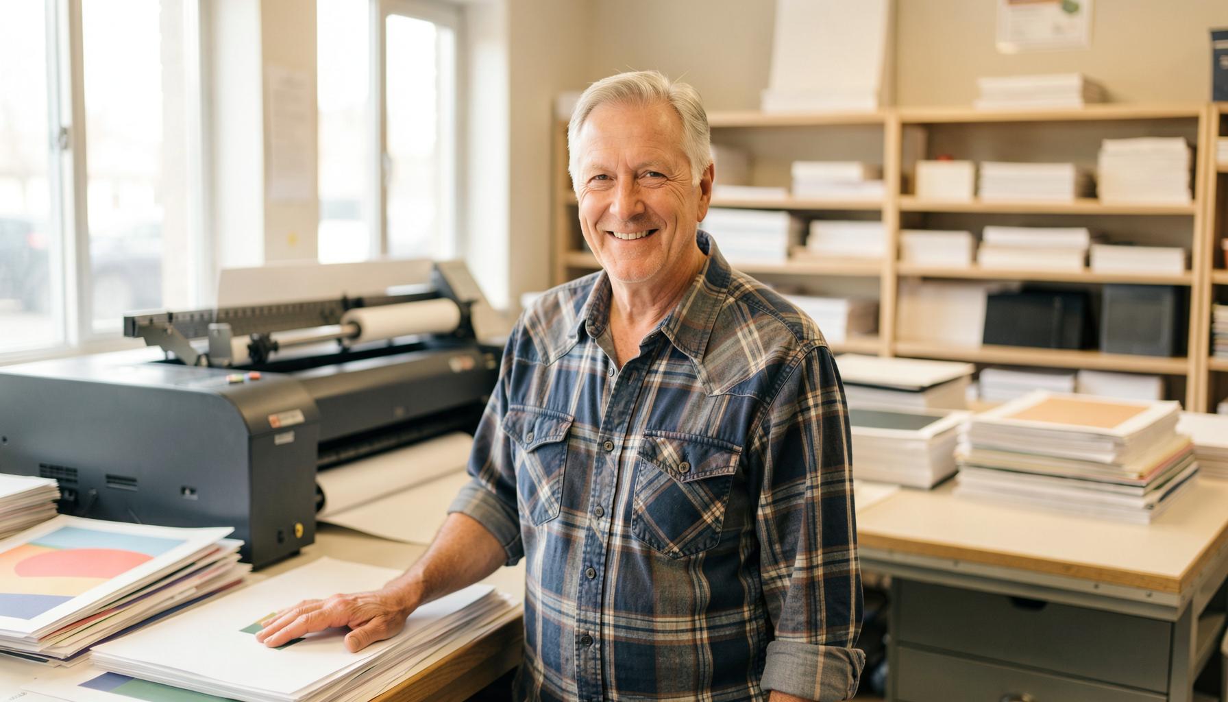 A print shop owner serving a customer at the counter