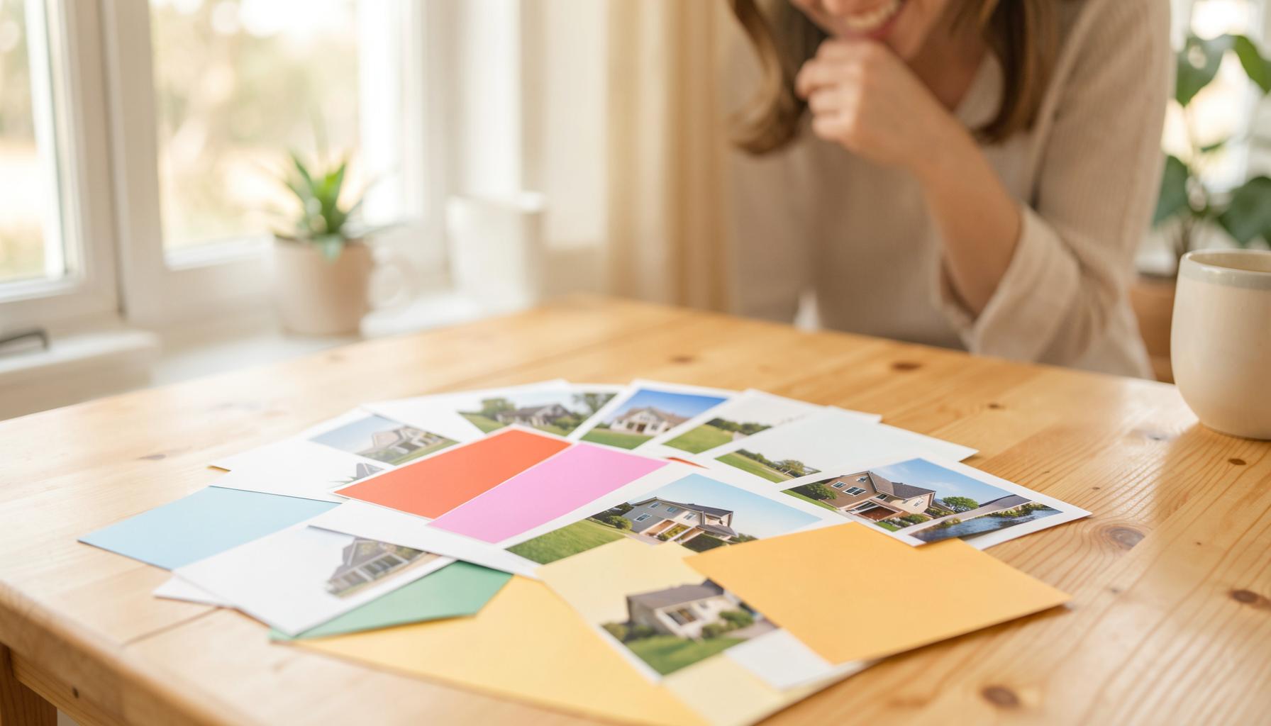 Real estate agent reviewing printed postcards